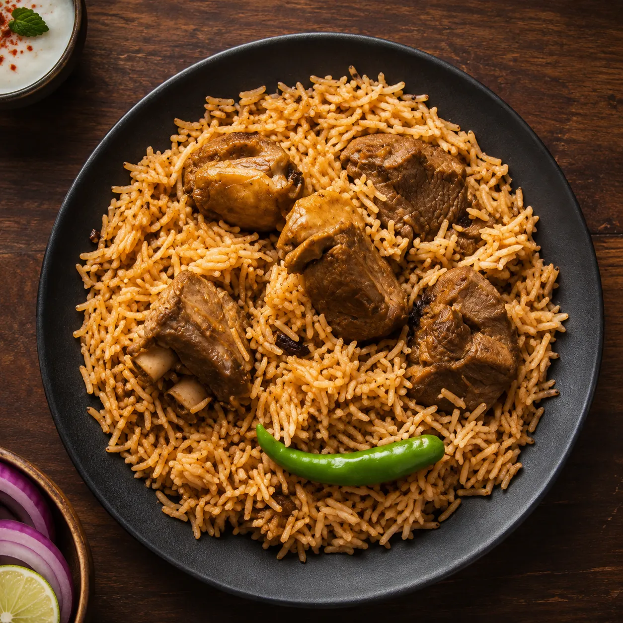 Goat biryani with basmati rice and crisp fried onions in downtown Banff
